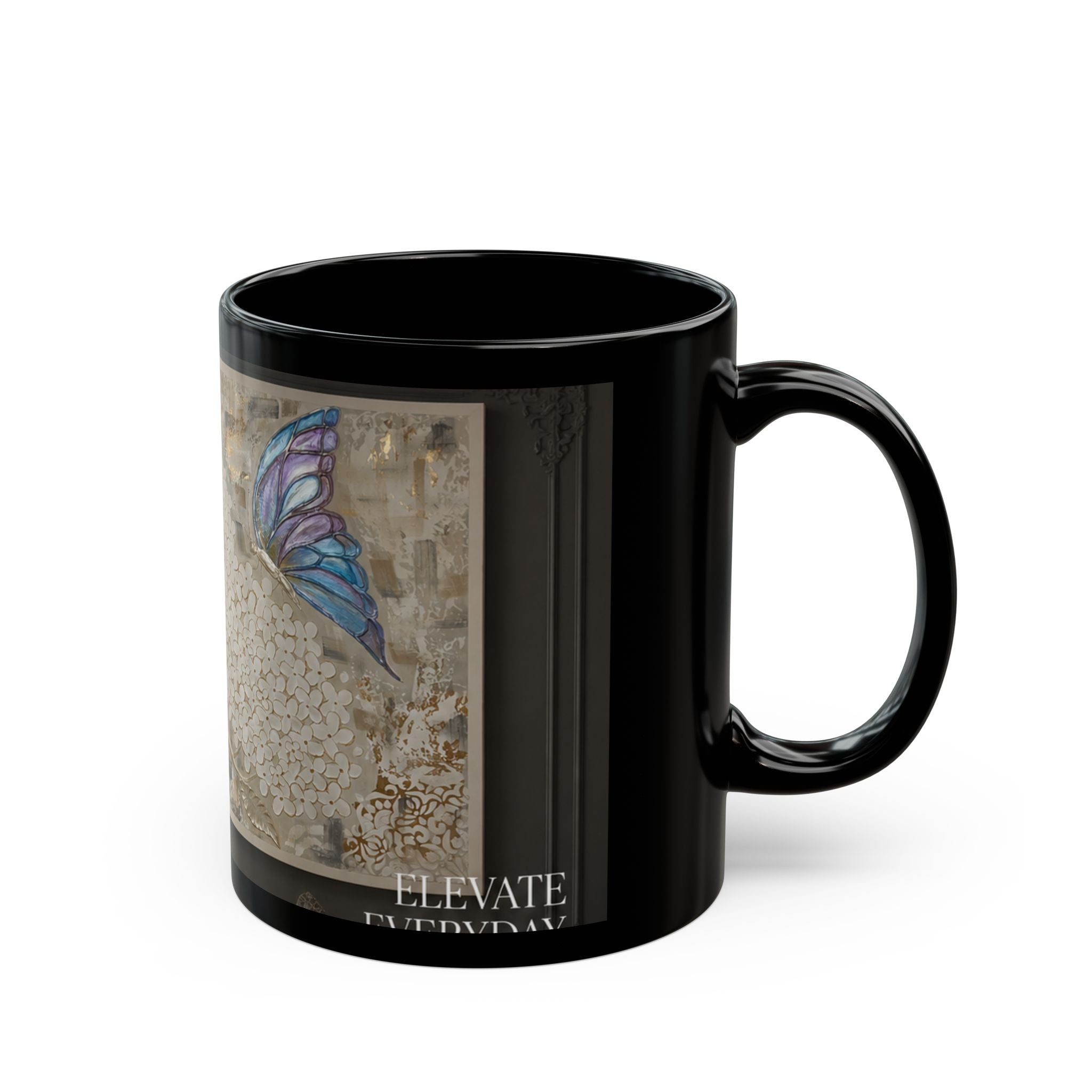Blue Butterfly Art on Black Mug | Floral Lace Pattern, Ceramic Coffee Cup