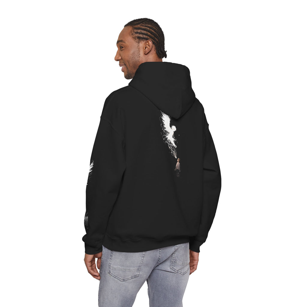Angel Wings with Falling Figure Hoodie | Feather Sleeve Graphic