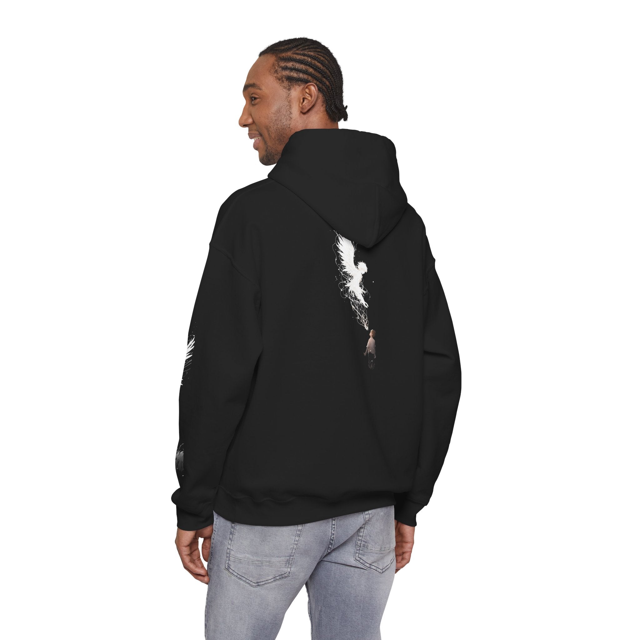 Angel Wings with Falling Figure Hoodie | Feather Sleeve Graphic