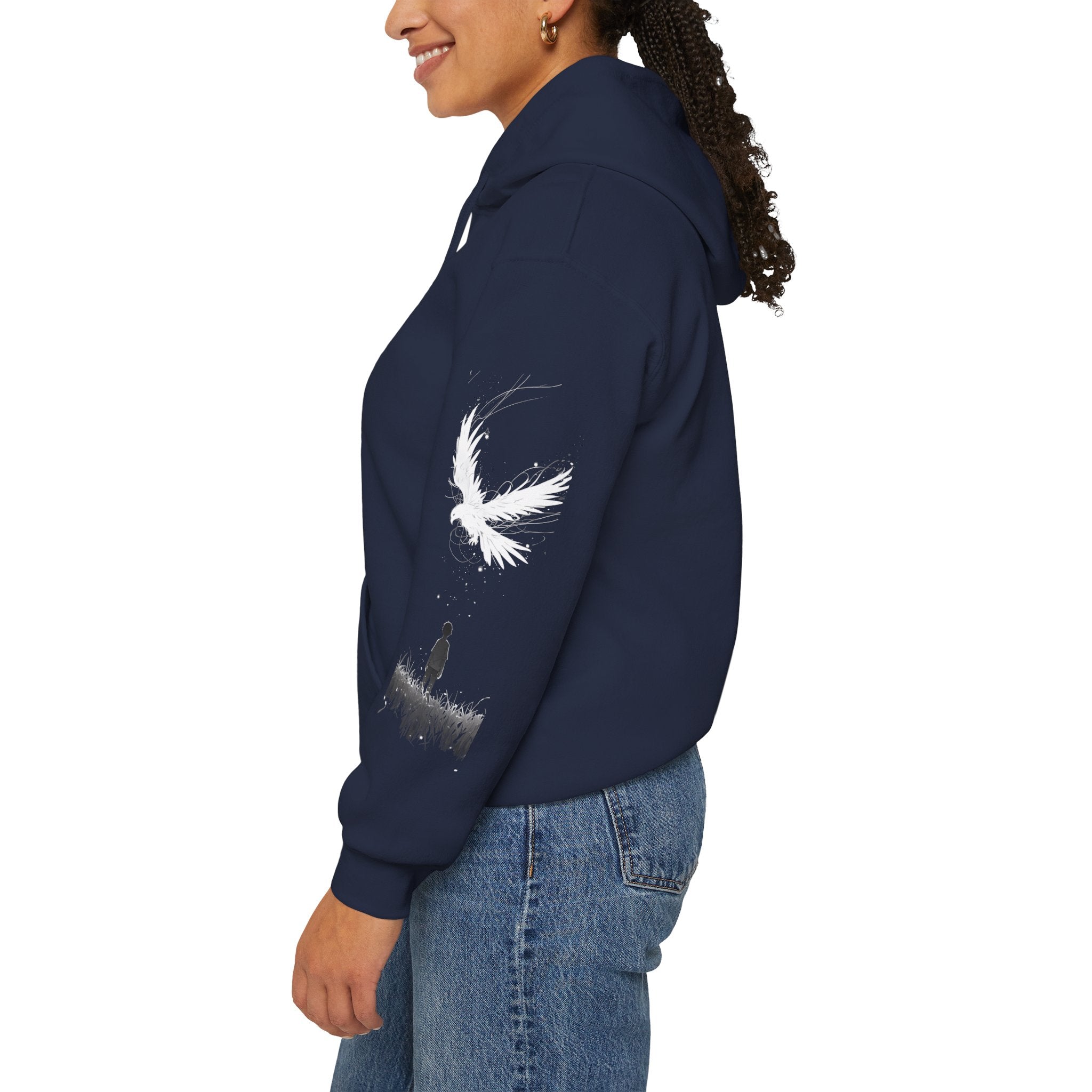 Angel Wings with Falling Figure Hoodie | Feather Sleeve Graphic