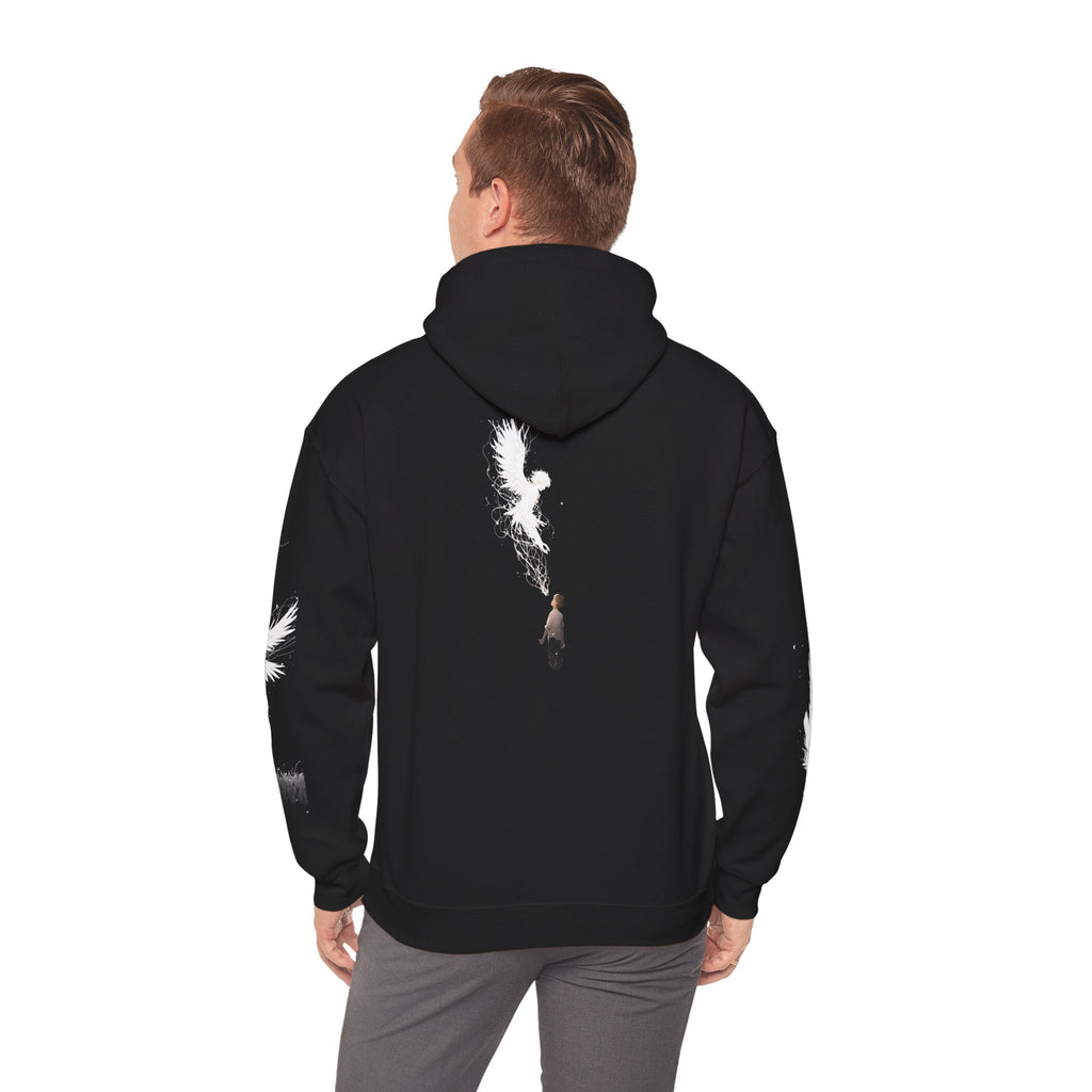 Angel Wings with Falling Figure Hoodie | Feather Sleeve Graphic