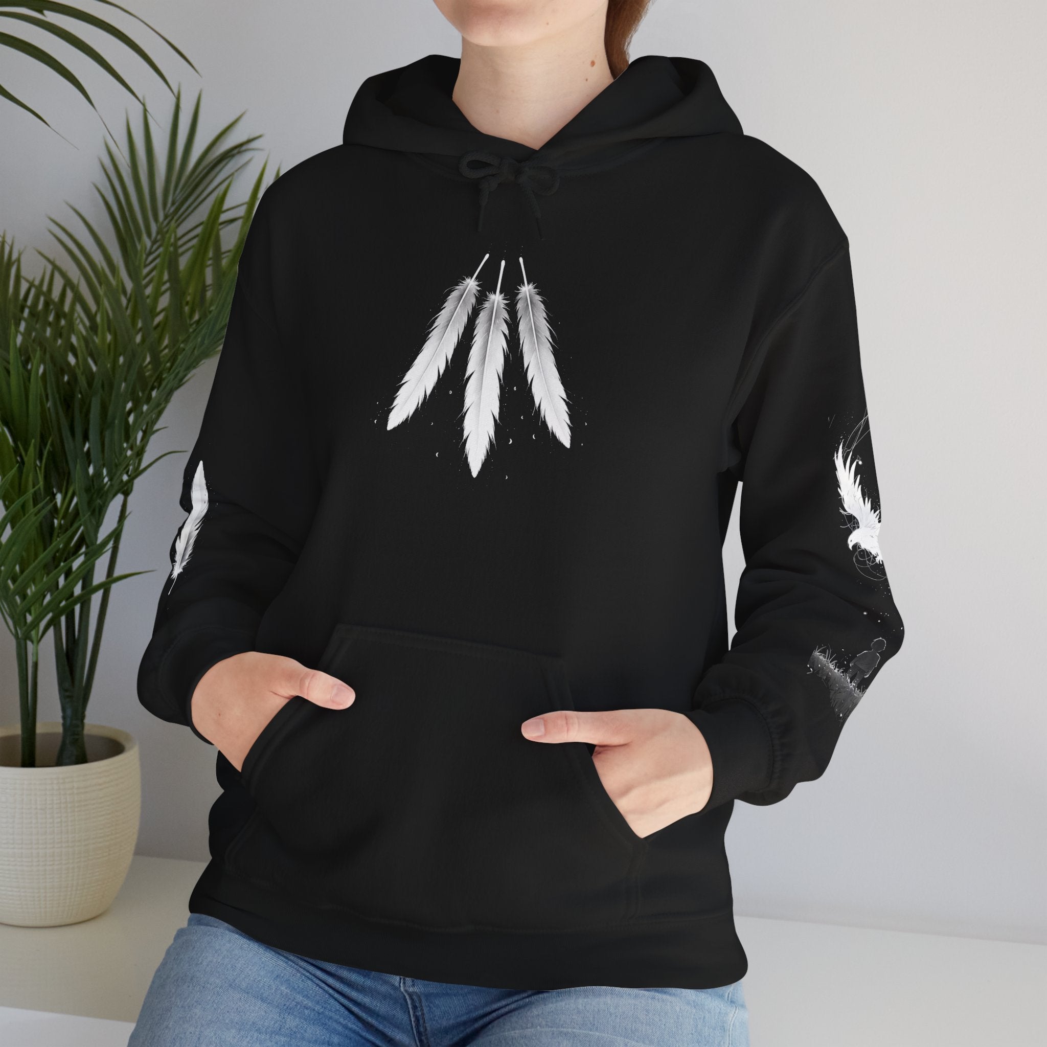 Angel Wings with Falling Figure Hoodie | Feather Sleeve Graphic