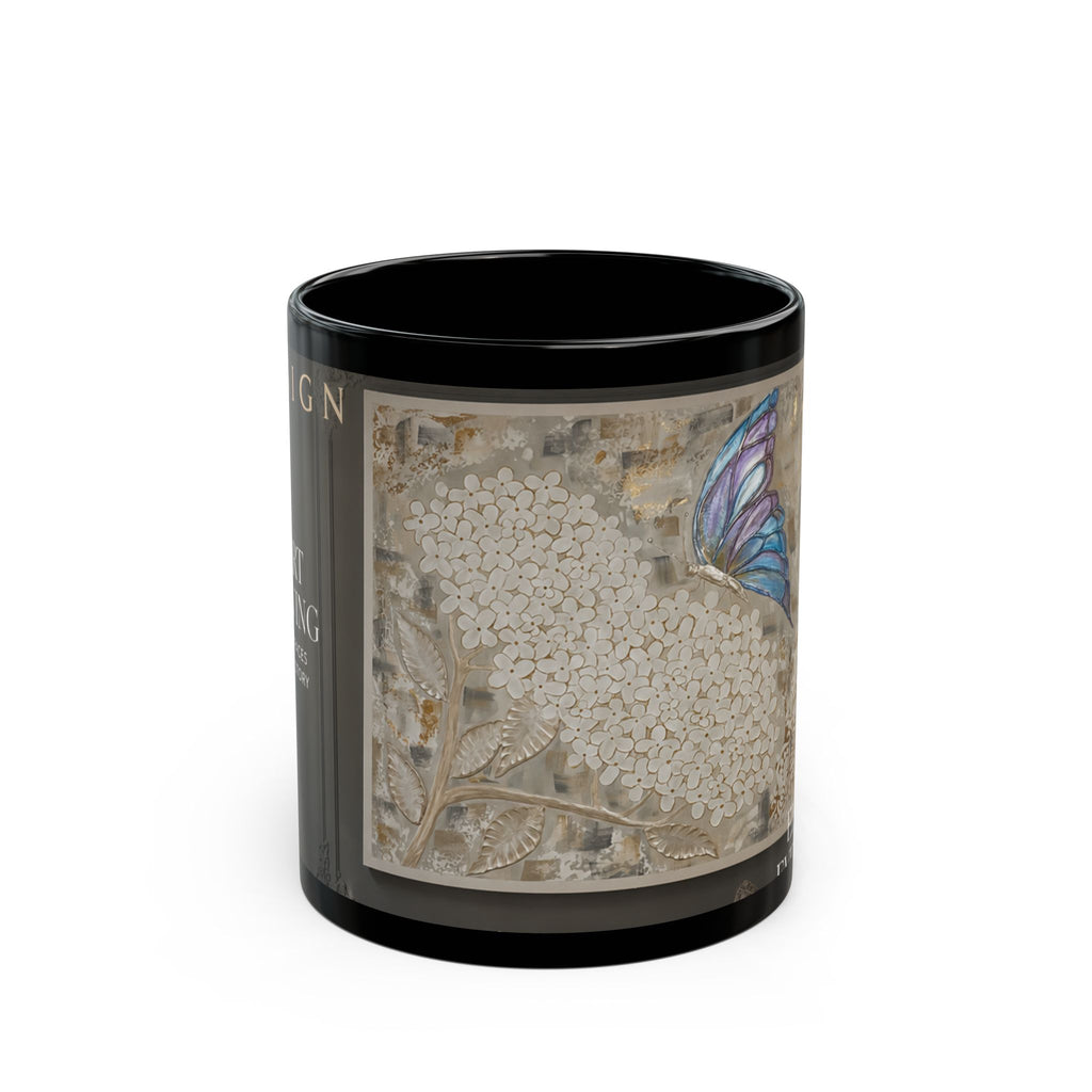 Blue Butterfly Art on Black Mug | Floral Lace Pattern, Ceramic Coffee Cup