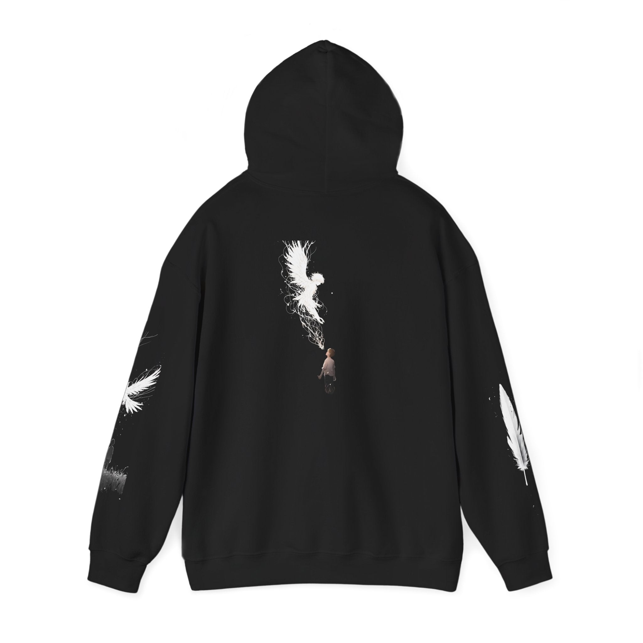 Angel Wings with Falling Figure Hoodie | Feather Sleeve Graphic