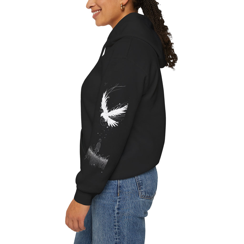 Angel Wings with Falling Figure Hoodie | Feather Sleeve Graphic