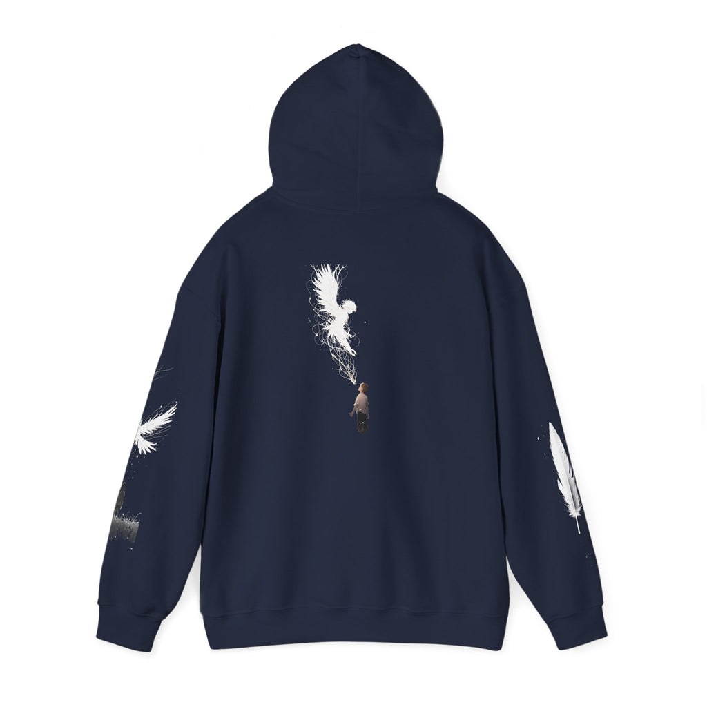 Angel Wings with Falling Figure Hoodie | Feather Sleeve Graphic
