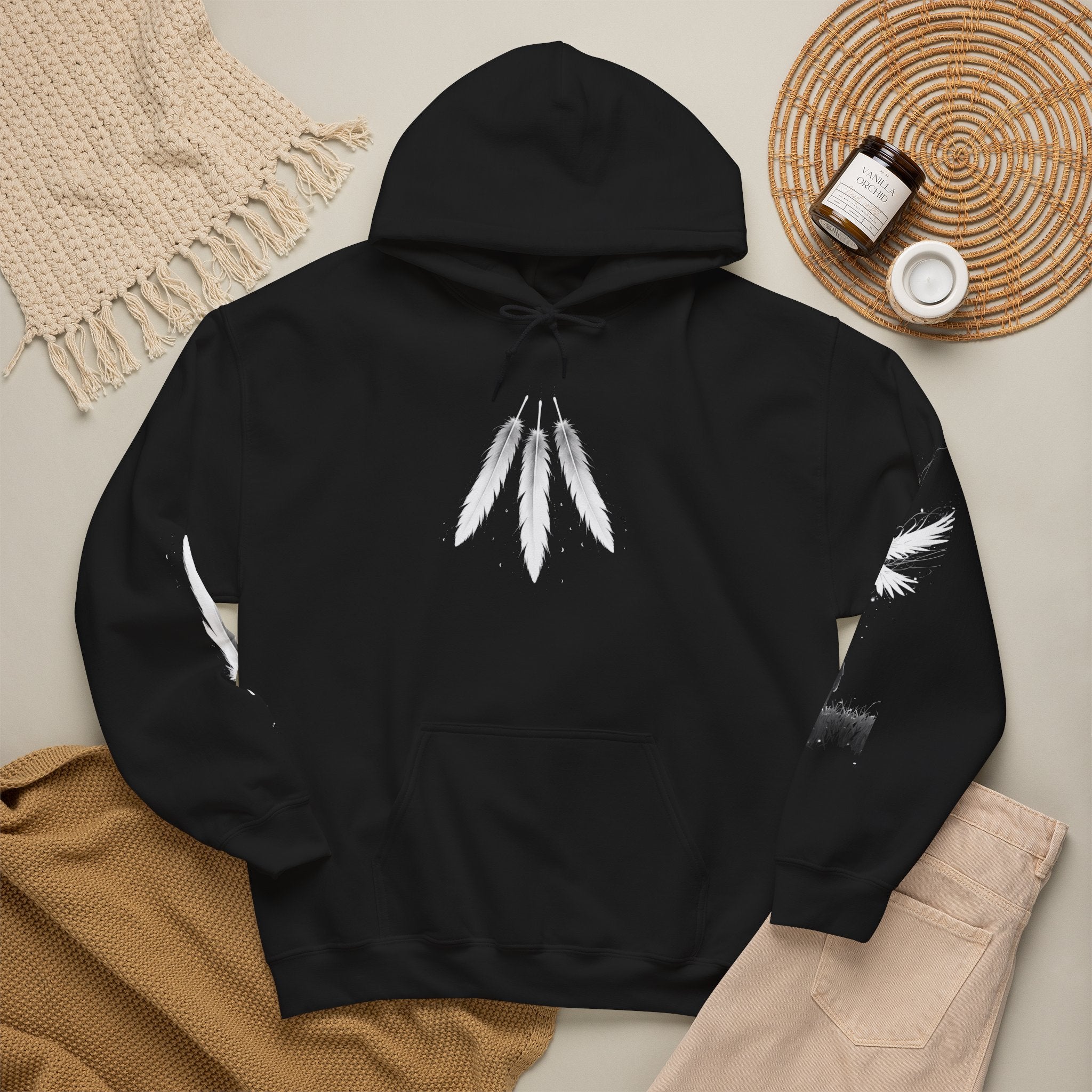 Angel Wings with Falling Figure Hoodie | Feather Sleeve Graphic