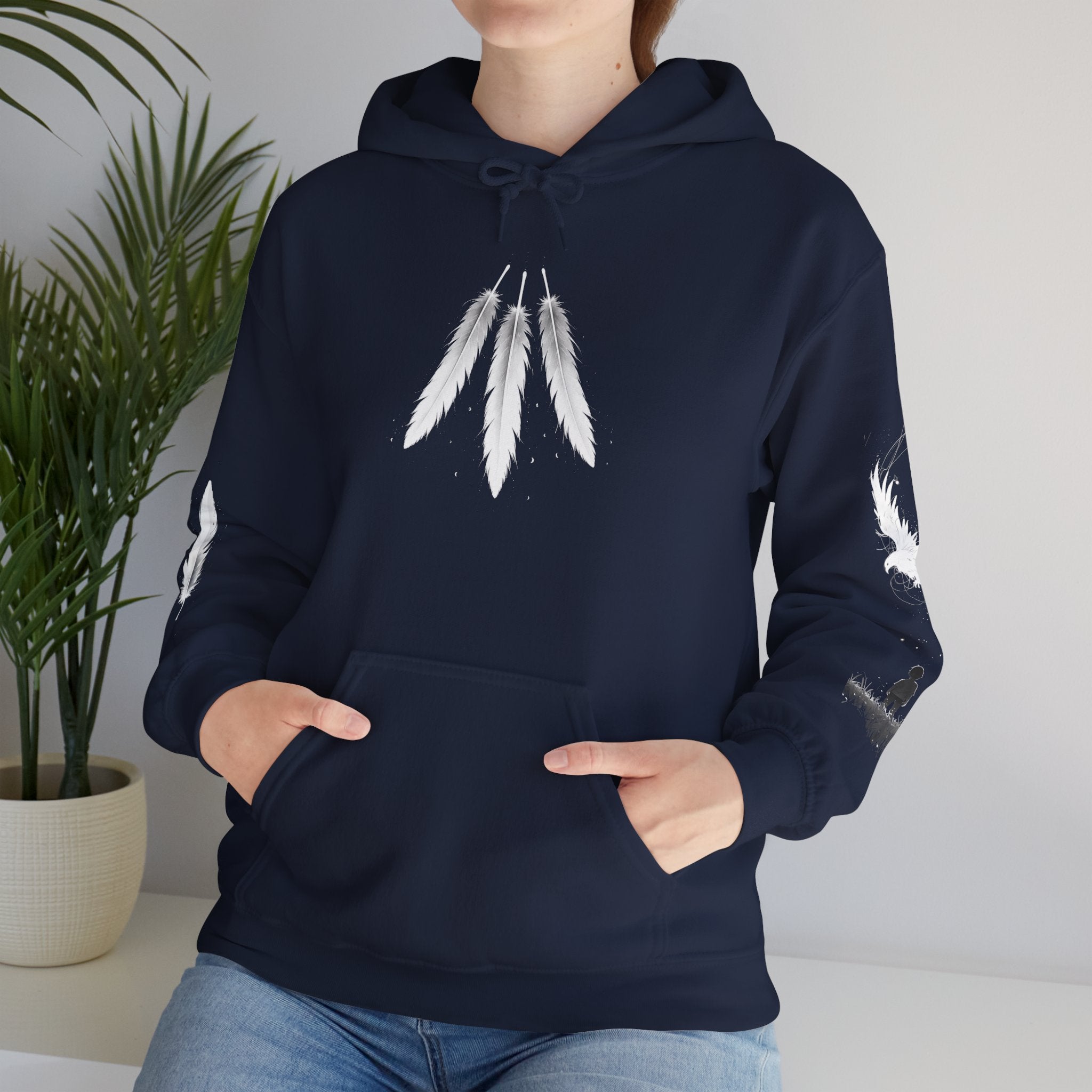 Angel Wings with Falling Figure Hoodie | Feather Sleeve Graphic