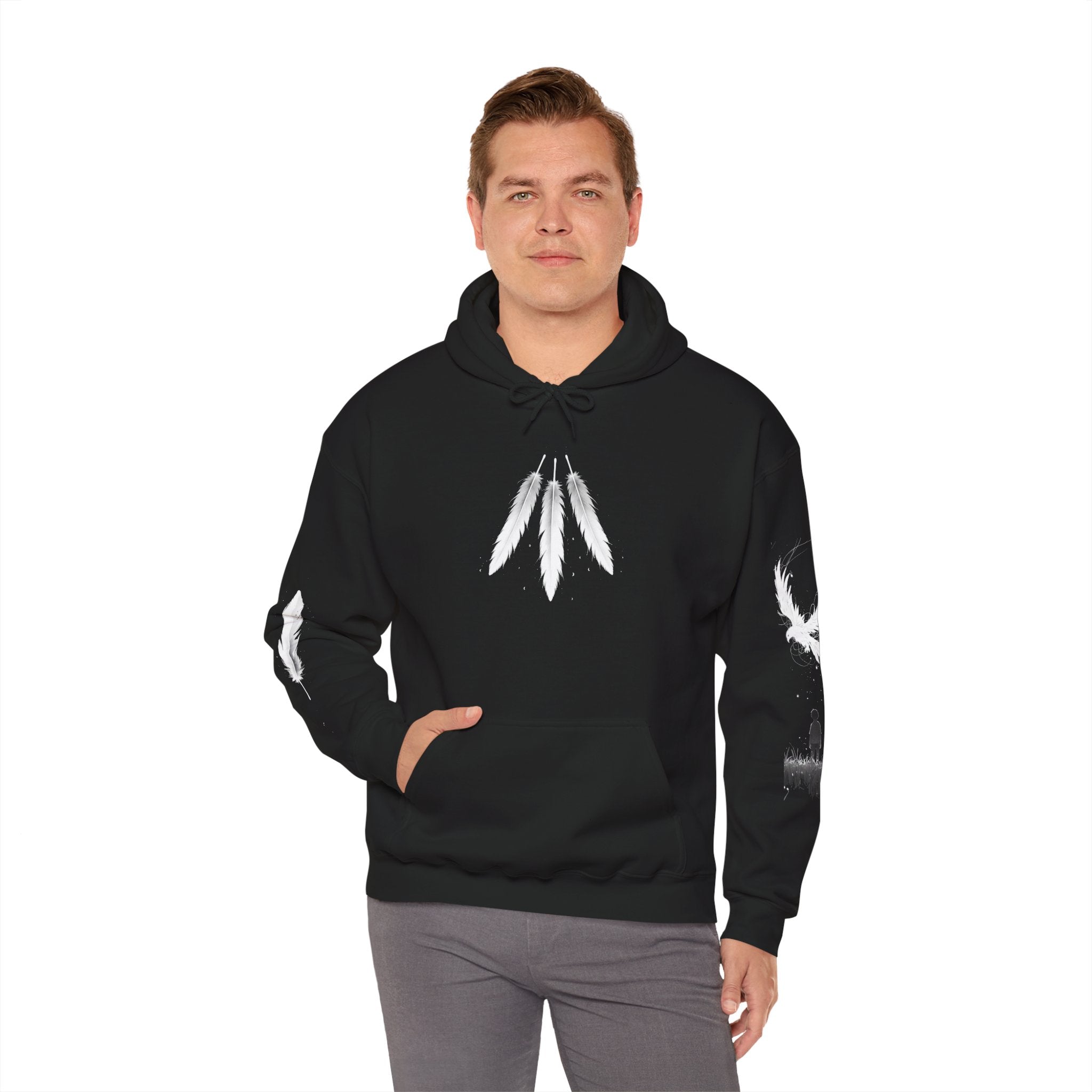Angel Wings with Falling Figure Hoodie | Feather Sleeve Graphic