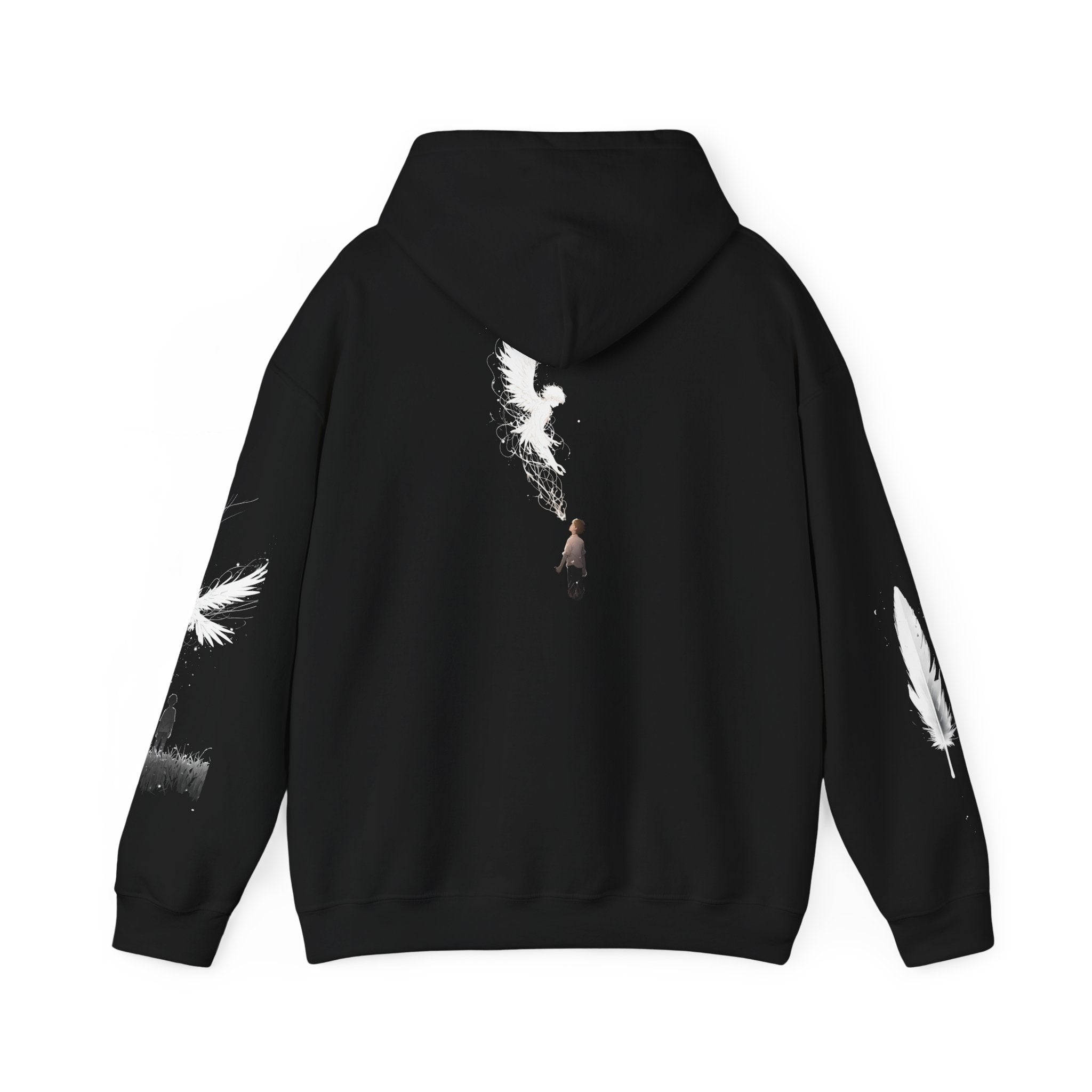 Angel Wings with Falling Figure Hoodie | Feather Sleeve Graphic